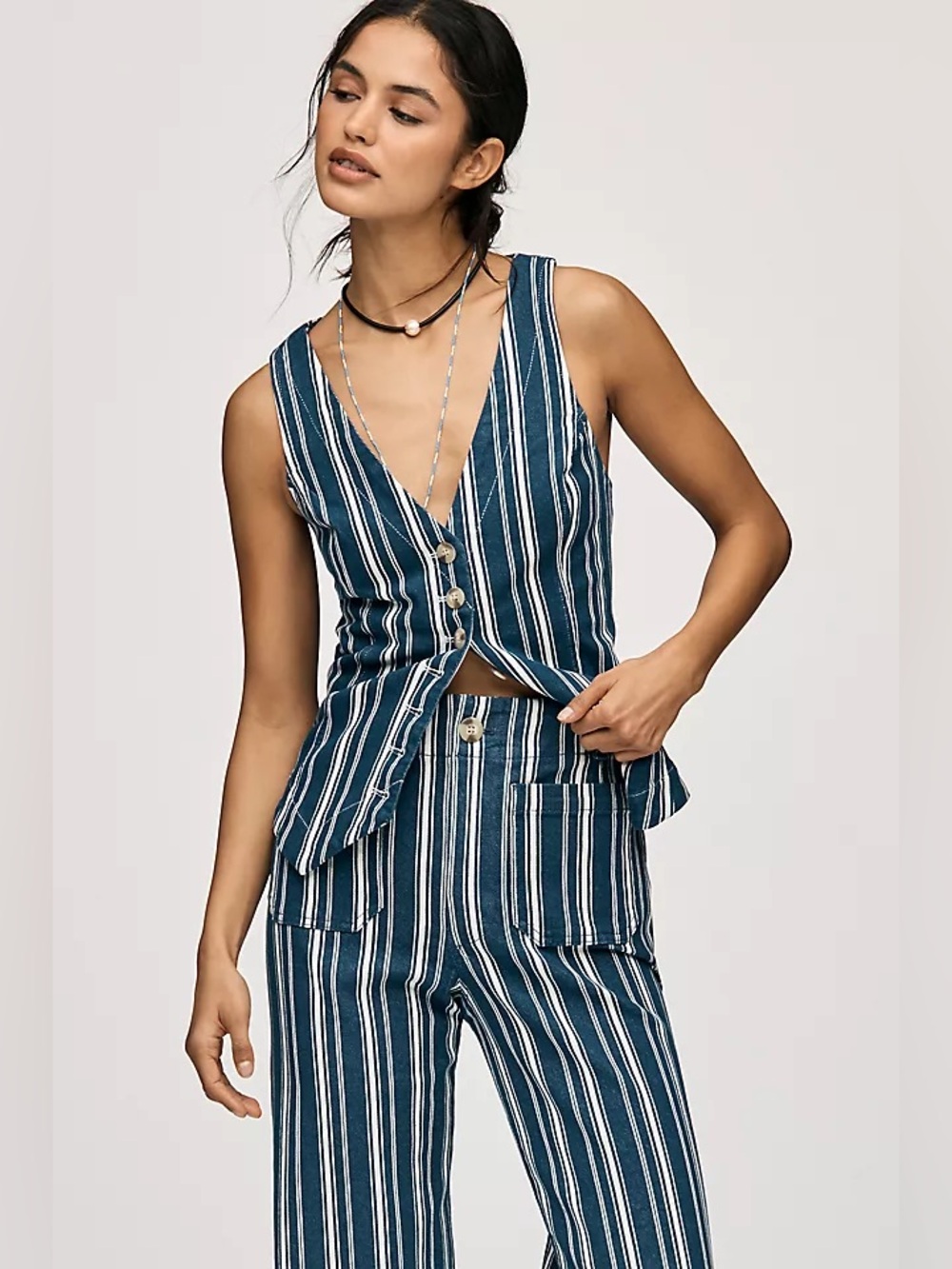 Anthropologie Halsey Slim Button-Front Vest Striped